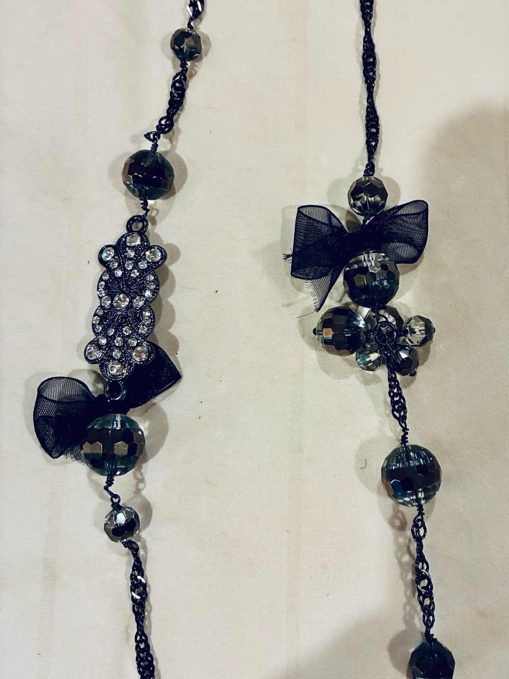 Talbots 18” Long Black Crystal Beaded Long Necklace w/ Feminine Ribbon Accents